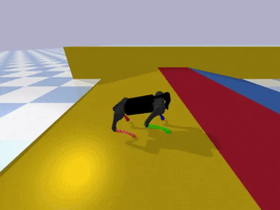 Simulated Unitree A1 quadruped climbing a yellow ramp in PyBullet