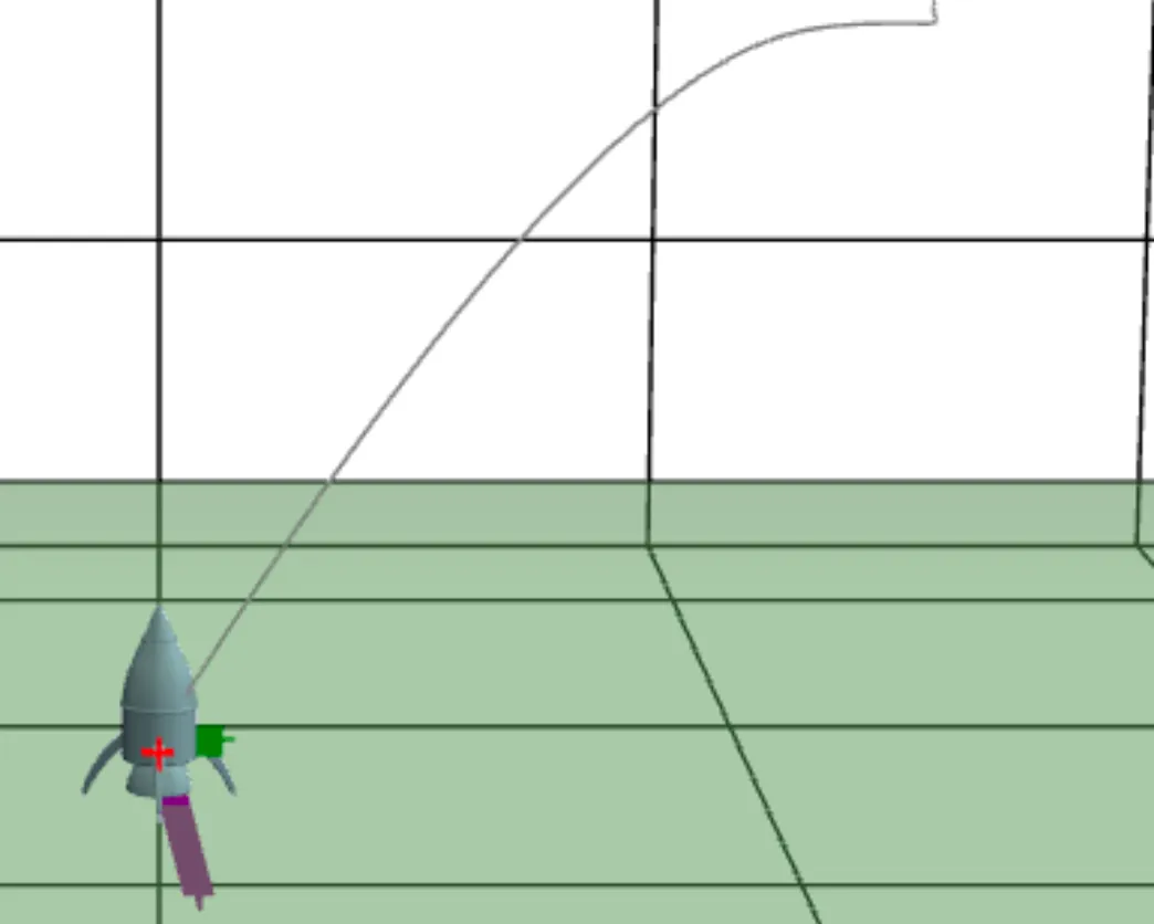 Simulated rocket at the end of its curved flight path above a green ground grid, in the course's 3D visualizer